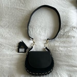 Maje Leather & Suede Black Crossbody Bag with Criss Cross Detailing